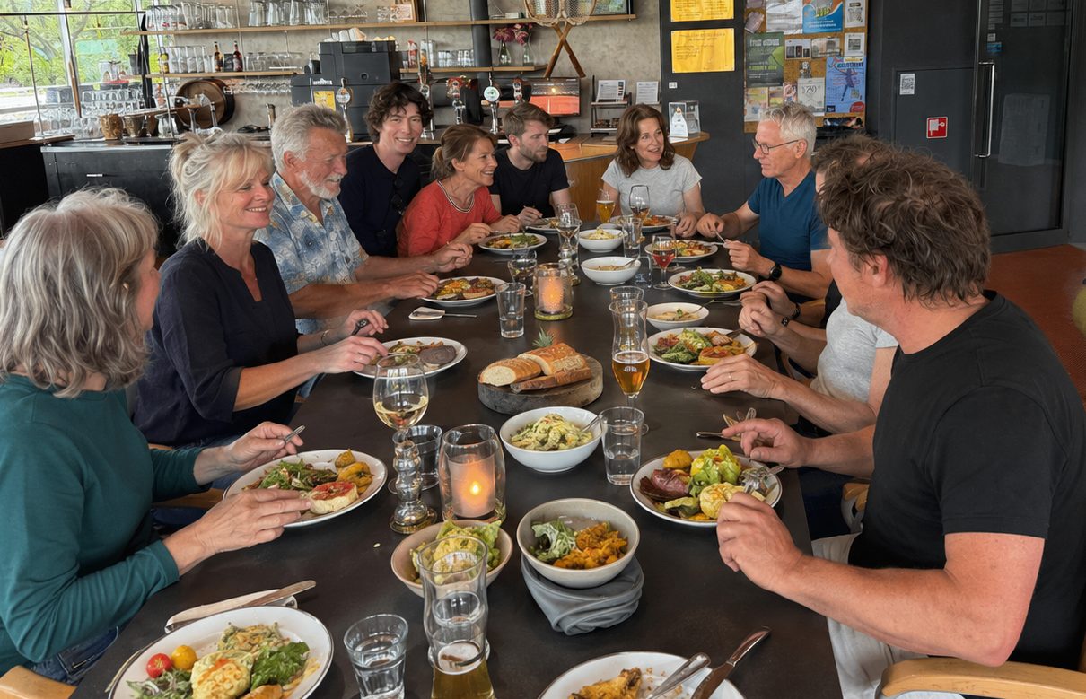 Een groep deelnemers eet en lacht rond een gedekte tafel